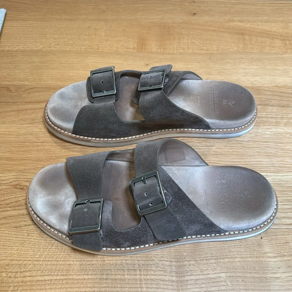 Brunello Cucinelli Men’s Brown Suede Double-Buckle Sandals